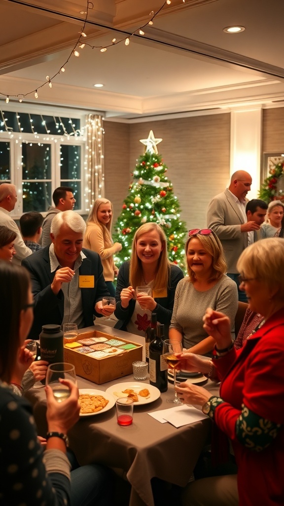 Guests enjoying Christmas party games in a decorated room with a Christmas tree.